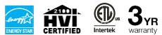 3 year warranty, May be used to comply with ASHRAE 62.2, Title 24, Energy Star, HVI 2100, ETL